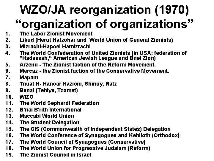 WZO/JA reorganization (1970) “organization of organizations” 1. 2. 3. 4. 5. 6. 7. 8.