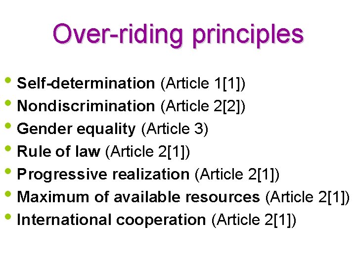 Over-riding principles • Self-determination (Article 1[1]) • Nondiscrimination (Article 2[2]) • Gender equality (Article