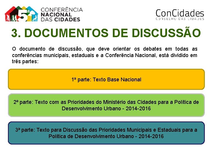 3. DOCUMENTOS DE DISCUSSÃO O documento de discussão, que deve orientar os debates em