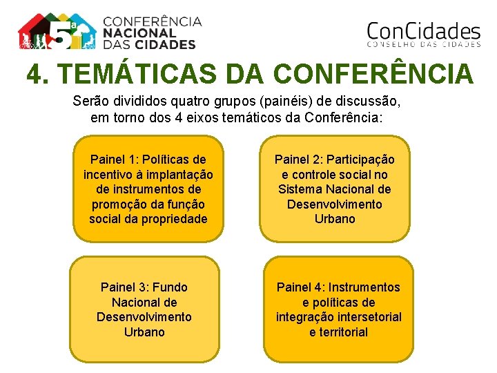 4. TEMÁTICAS DA CONFERÊNCIA Serão divididos quatro grupos (painéis) de discussão, em torno dos