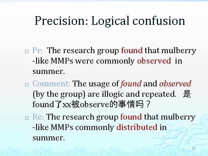 Precision: Logical confusion � � � Pr: The research group found that mulberry -like