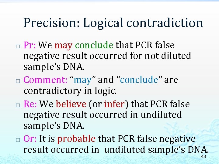 Precision: Logical contradiction � � Pr: We may conclude that PCR false negative result
