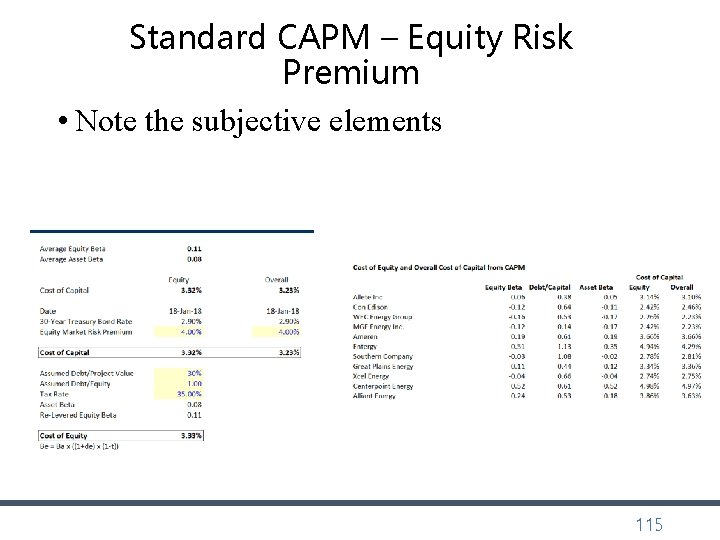 Standard CAPM – Equity Risk Premium • Note the subjective elements 115 Standard CAPM – Equity Risk Premium • Note the subjective elements 115
