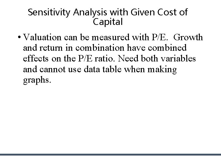 Sensitivity Analysis with Given Cost of Capital • Valuation can be measured with P/E. Sensitivity Analysis with Given Cost of Capital • Valuation can be measured with P/E.