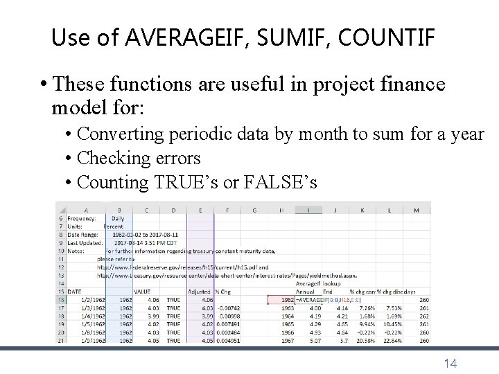 Use of AVERAGEIF, SUMIF, COUNTIF • These functions are useful in project finance model Use of AVERAGEIF, SUMIF, COUNTIF • These functions are useful in project finance model
