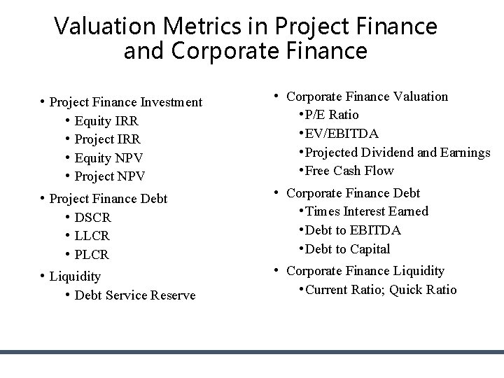 Valuation Metrics in Project Finance and Corporate Finance • Project Finance Investment • Equity Valuation Metrics in Project Finance and Corporate Finance • Project Finance Investment • Equity