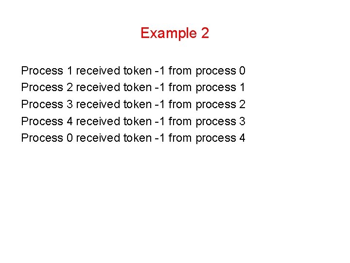 Example 2 Process 1 received token -1 from process 0 Process 2 received token