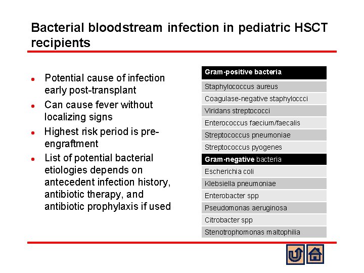 Bacterial bloodstream infection in pediatric HSCT recipients l l Potential cause of infection early