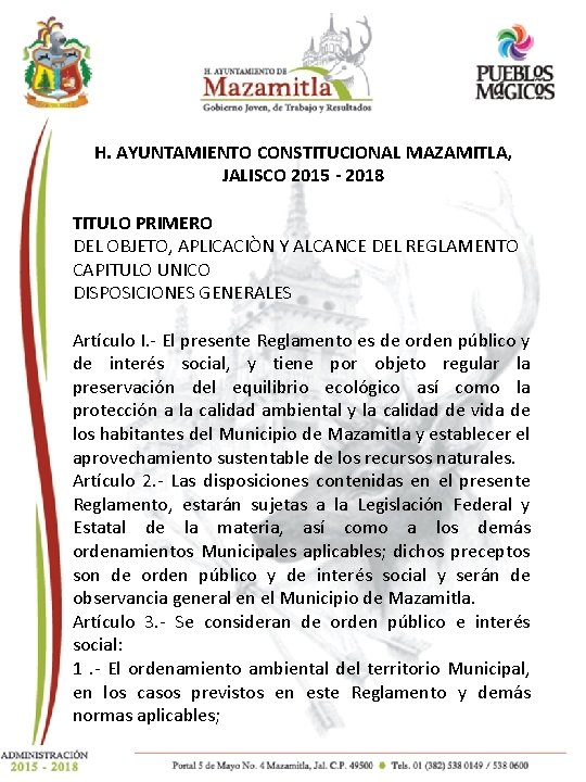 AYUNTAMIENTO CONSTITUCIONAL MAZAMITLA, H. H. AYUNTAMIENTO CONSTITUCIONAL MAZAMITLA, JALISCO 2015 - 2018 JALISCO TITULO