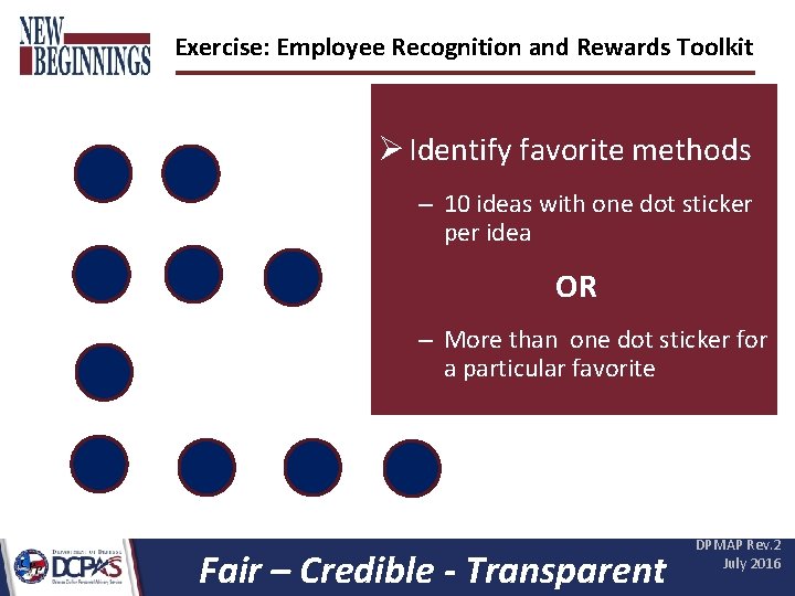 Exercise: Employee Recognition and Rewards Toolkit Ø Identify favorite methods – 10 ideas with