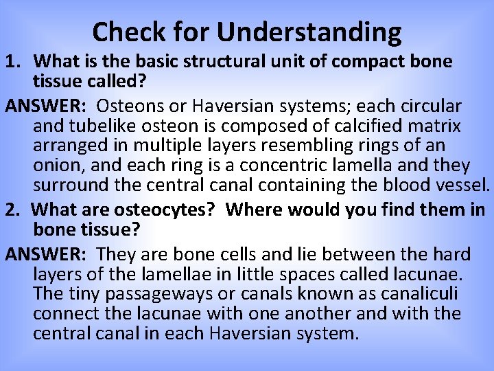 Check for Understanding 1. What is the basic structural unit of compact bone tissue