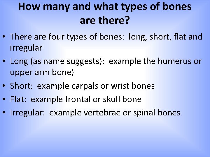 How many and what types of bones are there? • There are four types