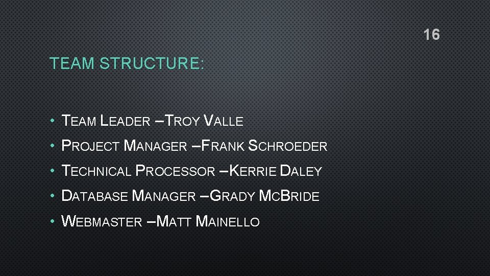 16 TEAM STRUCTURE: • TEAM LEADER – TROY VALLE • PROJECT MANAGER – FRANK