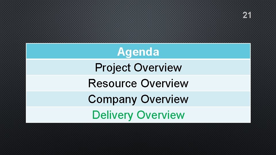 21 Agenda Project Overview Resource Overview Company Overview Delivery Overview 