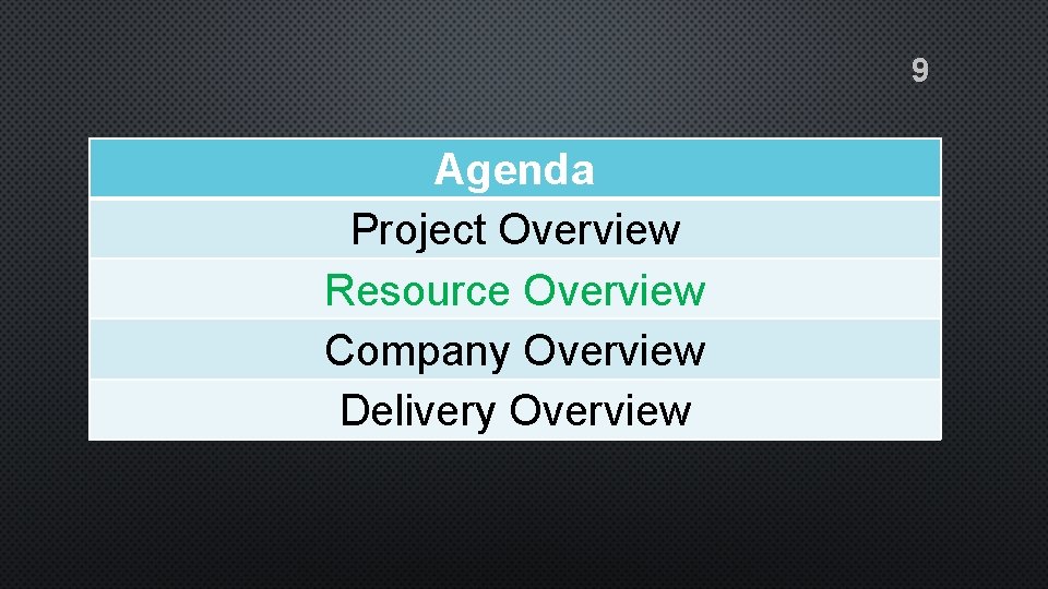 9 Agenda Project Overview Resource Overview Company Overview Delivery Overview 