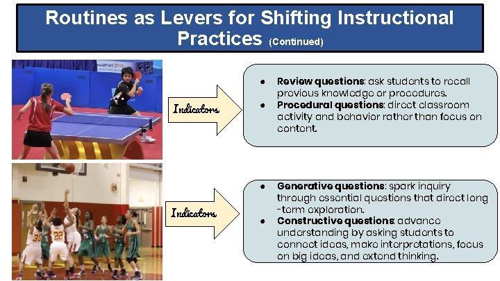Routines as Levers for Shifting Instructional Practices (Continued) ● Indicators ● Review questions: ask