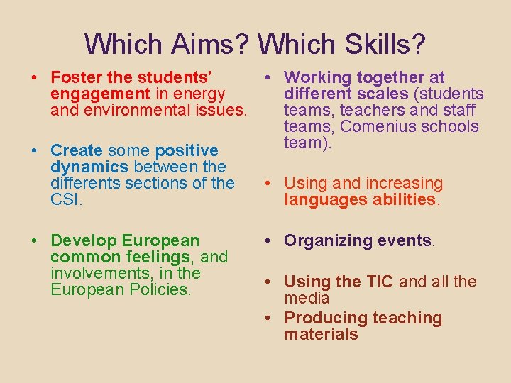 Which Aims? Which Skills? • Foster the students’ • Working together at engagement in
