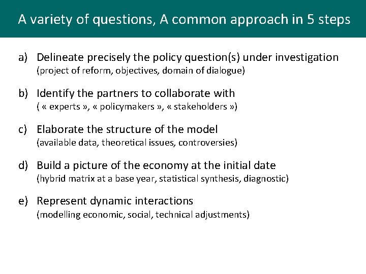 A variety of questions, A common approach in 5 steps a) Delineate precisely the