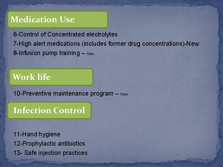 Medication Use 6 -Control of Concentrated electrolytes 7 -High alert medications (includes former drug