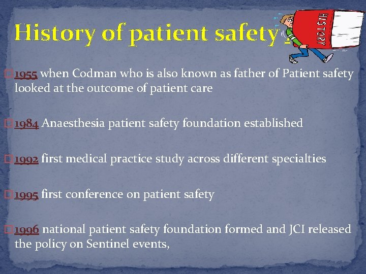 History of patient safety : � 1955 when Codman who is also known as