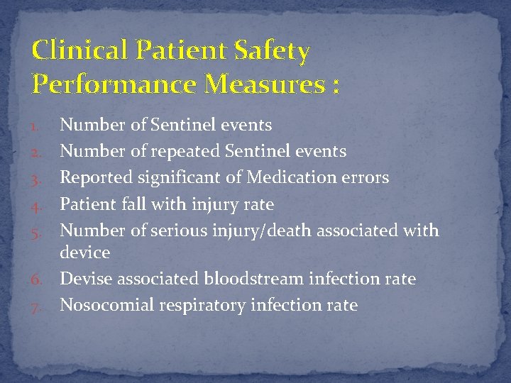 Clinical Patient Safety Performance Measures : 1. 2. 3. 4. 5. 6. 7. Number