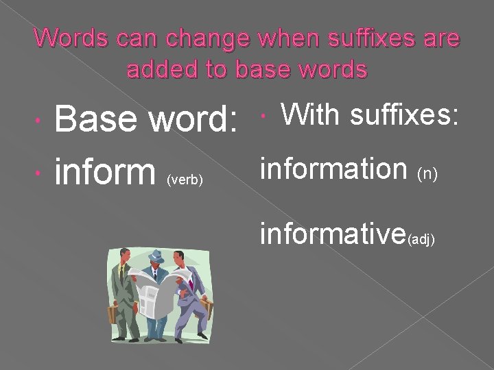 Words can change when suffixes are added to base words Base word: With suffixes: