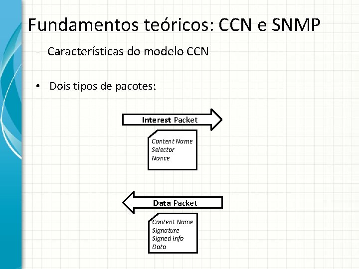 Fundamentos teóricos: CCN e SNMP - Características do modelo CCN • Dois tipos de