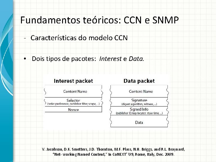 Fundamentos teóricos: CCN e SNMP - Características do modelo CCN • Dois tipos de
