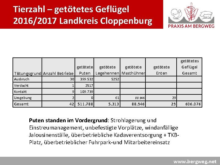 Tierzahl – getötetes Geflügel 2016/2017 Landkreis Cloppenburg getötete Tötungsgrund Anzahl Betriebe Puten Legehennen Masthühner