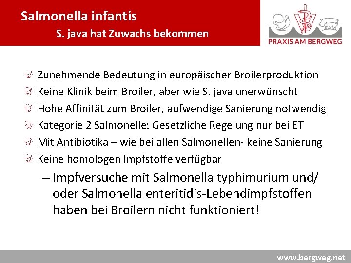 Salmonella infantis S. java hat Zuwachs bekommen Zunehmende Bedeutung in europäischer Broilerproduktion Keine Klinik