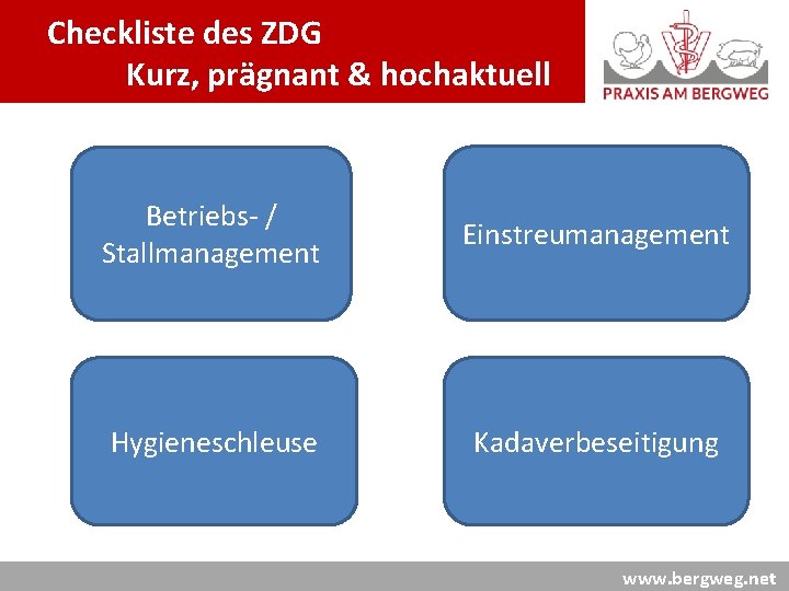 Checkliste des ZDG Kurz, prägnant & hochaktuell Betriebs- / Stallmanagement Einstreumanagement Hygieneschleuse Kadaverbeseitigung www.