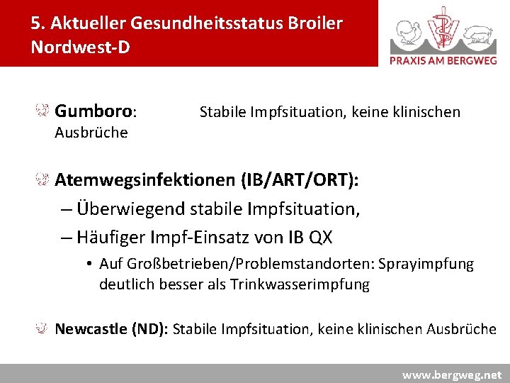 5. Aktueller Gesundheitsstatus Broiler Nordwest-D Gumboro: Stabile Impfsituation, keine klinischen Ausbrüche Atemwegsinfektionen (IB/ART/ORT): –