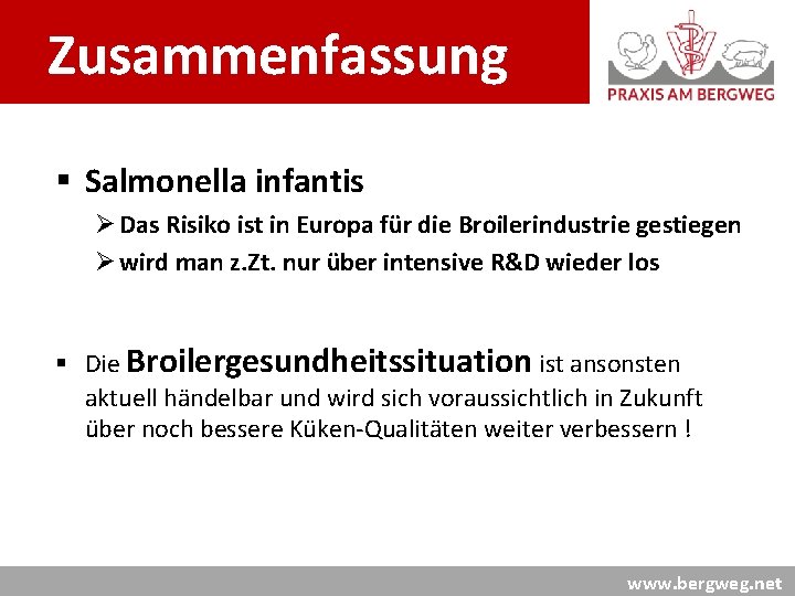 Zusammenfassung § Salmonella infantis Ø Das Risiko ist in Europa für die Broilerindustrie gestiegen