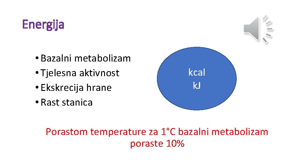 Energija • Bazalni metabolizam • Tjelesna aktivnost • Ekskrecija hrane • Rast stanica kcal