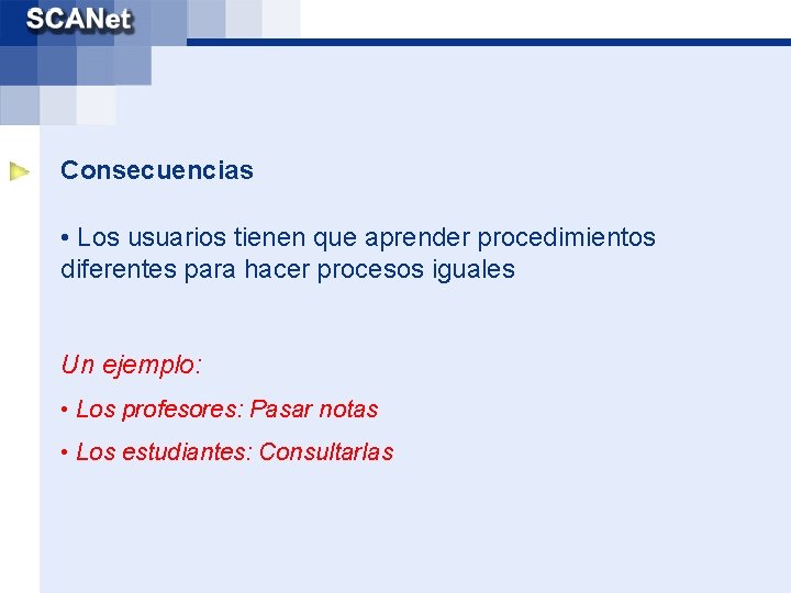 Consecuencias • Los usuarios tienen que aprender procedimientos diferentes para hacer procesos iguales Un