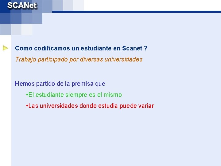 Como codificamos un estudiante en Scanet ? Trabajo participado por diversas universidades Hemos partido