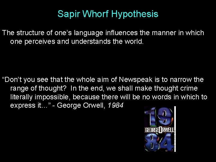 Sapir Whorf Hypothesis The structure of one’s language influences the manner in which one