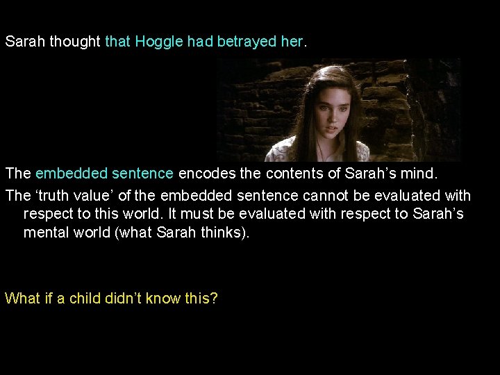 Sarah thought that Hoggle had betrayed her. The embedded sentence encodes the contents of