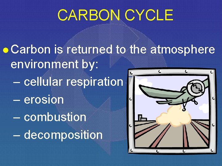 CARBON CYCLE l Carbon is returned to the atmosphere environment by: – cellular respiration