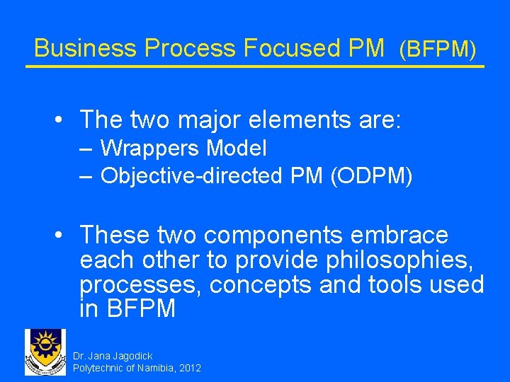 Business Process Focused PM (BFPM) • The two major elements are: – Wrappers Model