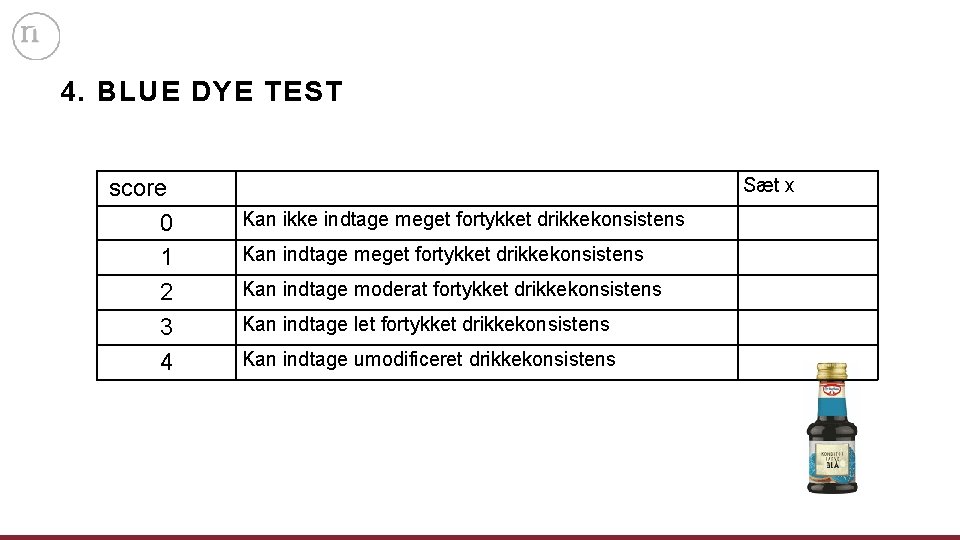 4. BLUE DYE TEST score 0 1 2 3 4 Sæt x Kan ikke