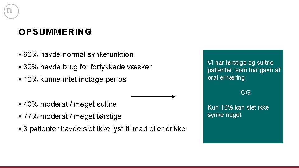 OPSUMMERING • 60% havde normal synkefunktion • 30% havde brug fortykkede væsker • 10%