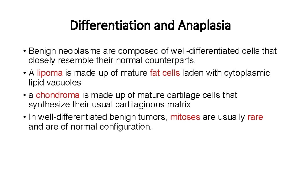 Differentiation and Anaplasia • Benign neoplasms are composed of well-differentiated cells that closely resemble Differentiation and Anaplasia • Benign neoplasms are composed of well-differentiated cells that closely resemble