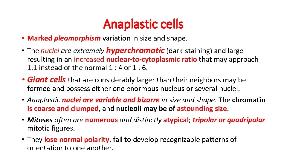 Anaplastic cells • Marked pleomorphism variation in size and shape. • The nuclei are