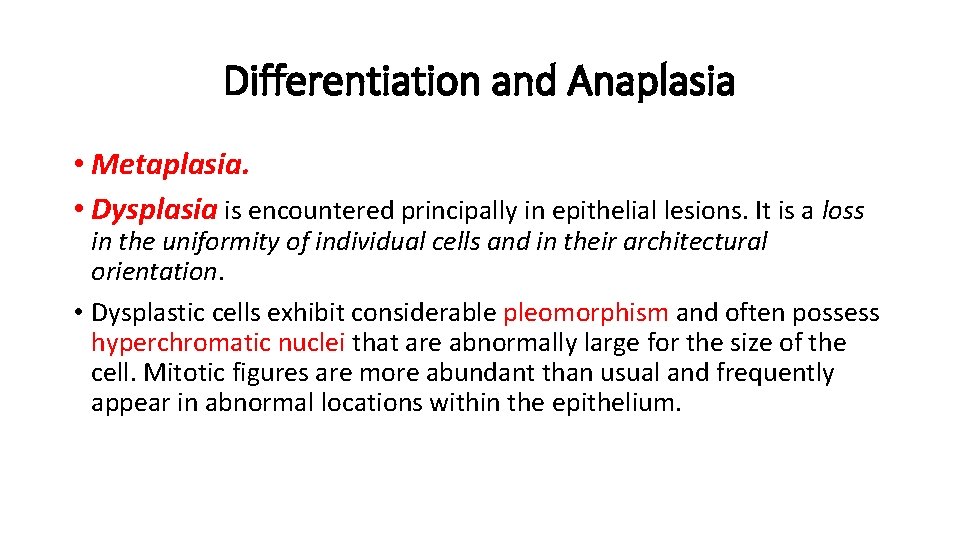 Differentiation and Anaplasia • Metaplasia. • Dysplasia is encountered principally in epithelial lesions. It