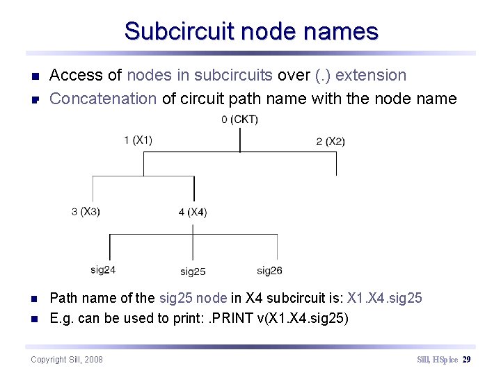 Subcircuit node names n n Access of nodes in subcircuits over (. ) extension