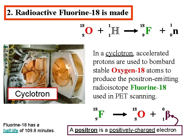 2. Radioactive Fluorine-18 is made 18 8 Cyclotron 1 O + 1 H 9