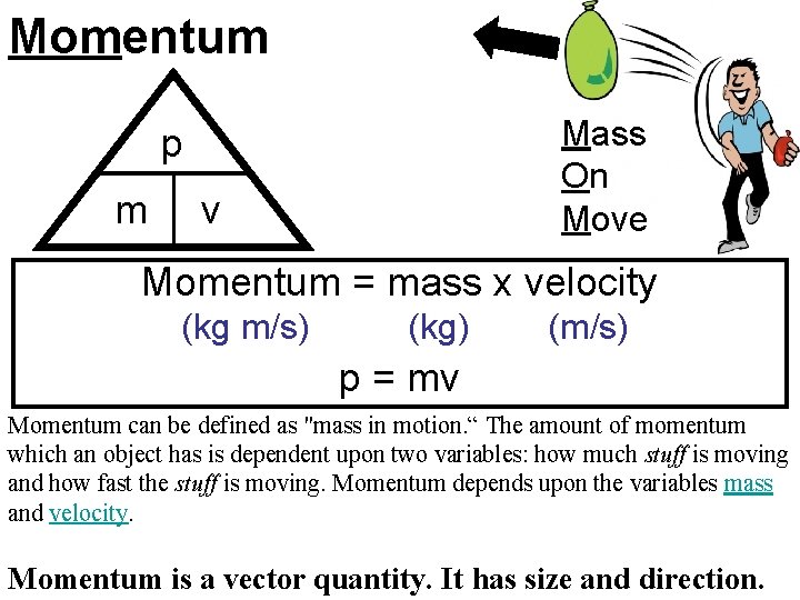 Momentum Mass On Move p m v Momentum = mass x velocity (kg m/s)