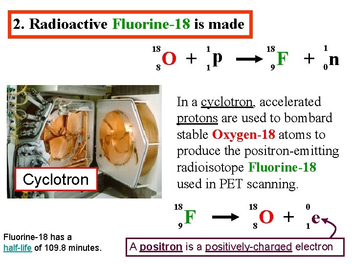 2. Radioactive Fluorine-18 is made 18 1 18 p O + 8 1 Cyclotron
