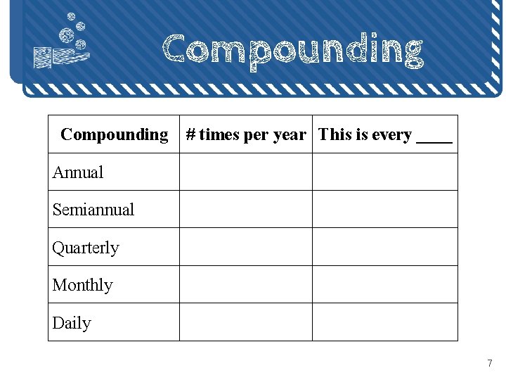 Compounding # times per year This is every ____ Annual Semiannual Quarterly Monthly Daily Compounding # times per year This is every ____ Annual Semiannual Quarterly Monthly Daily